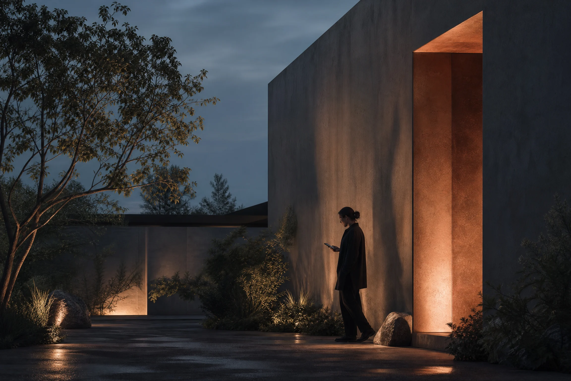 Quiet studio exterior at dusk with a person using a phone