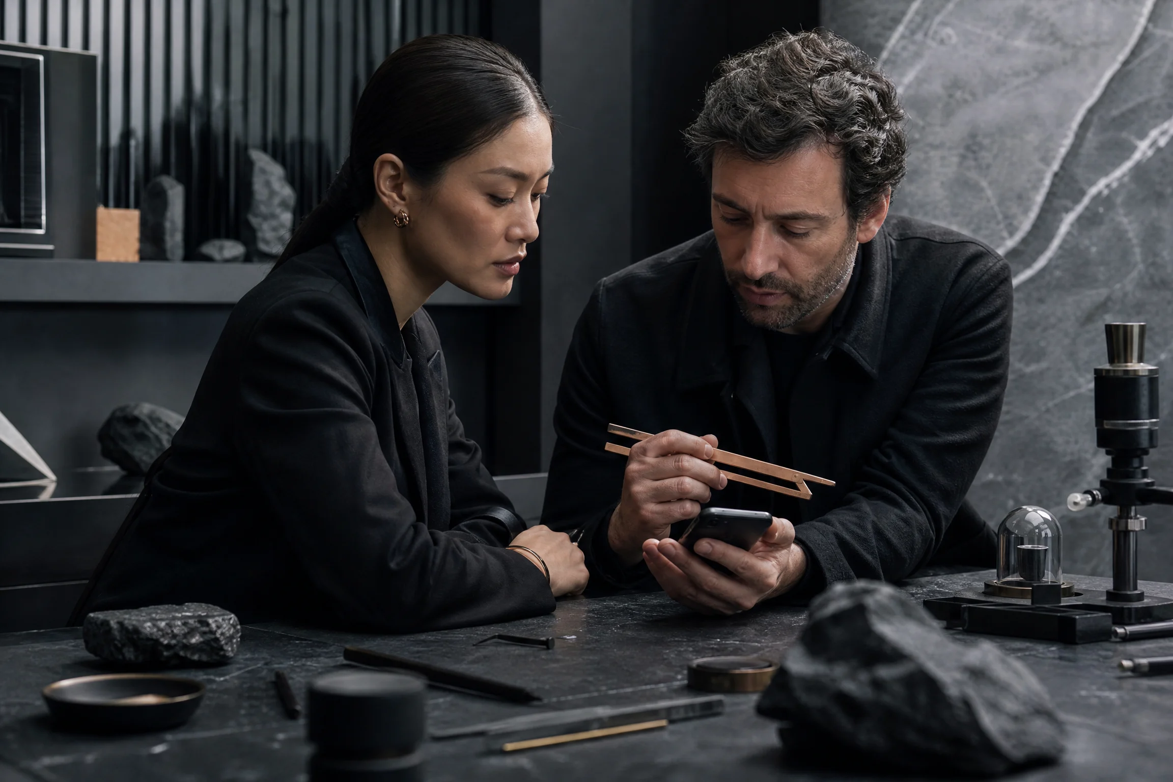 Two people comparing a phone interaction